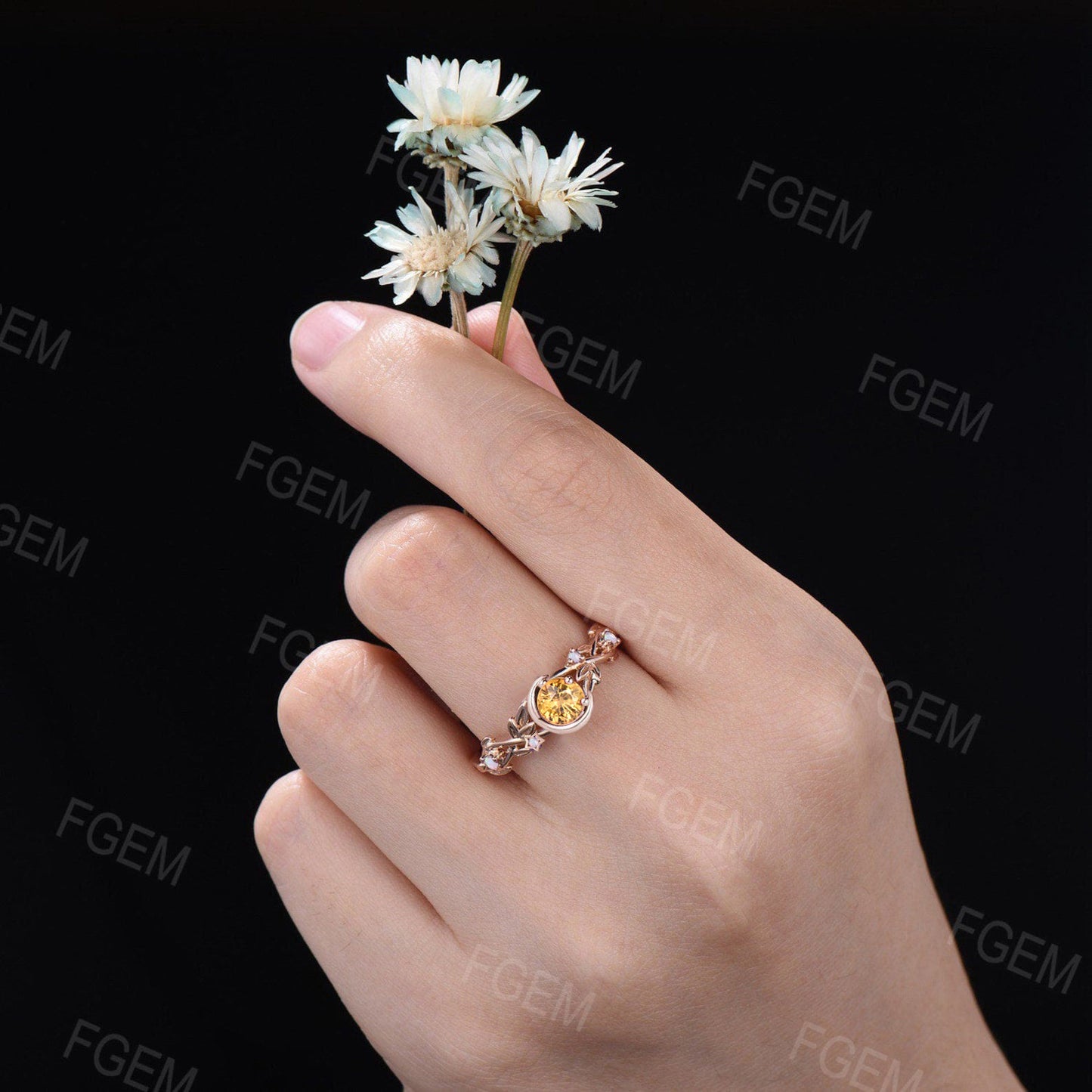 5mm Nature Inspired Natural Yellow Sapphire Opal Engagement Ring 14K Gold Moon Star Design Round Yellow Sapphire Ring Branch Leaf Wedding Rings