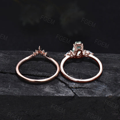 1.25ct Pear Shaped Natural Moss Agate Bridal Set 10K/14K/18K Rose Gold Nature Inspired Emerald Engagement Rings Leaf Leaves Solitaire Ring