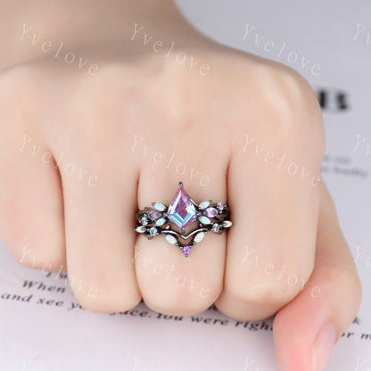Black Gold Alexandrite Engagement Ring Set with Opal & Amethyst Vines