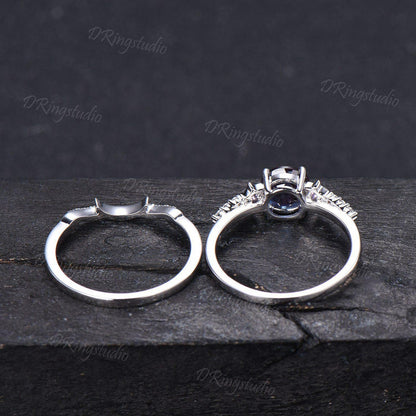 Black Gold Moon Nebula Blue Sandstone Ring Set Celestial Round Blue Goldstone Star Engagement Ring Amethyst Cluster Promise Bridal Ring Set