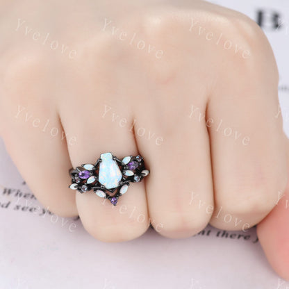 Vintage Coffin White Opal Engagement Ring Set,Black Gold,Vines Amethyst Opal Ring,Women Bridal Set,Unique Twig Anniversary Promise Ring Gift