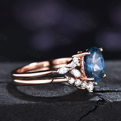 Sterling Silver Natural London Blue Topaz Ring Gemstone Ring Set Topaz Engagement Ring Set December Birthstone Ring Bridal Set Wedding Gift