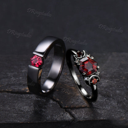 2pcs Couple Promise Ring Set Unique Hexagon Garnet Engagement Ring Witchy Rhodium Black Wedding Ring Set For Men and Women