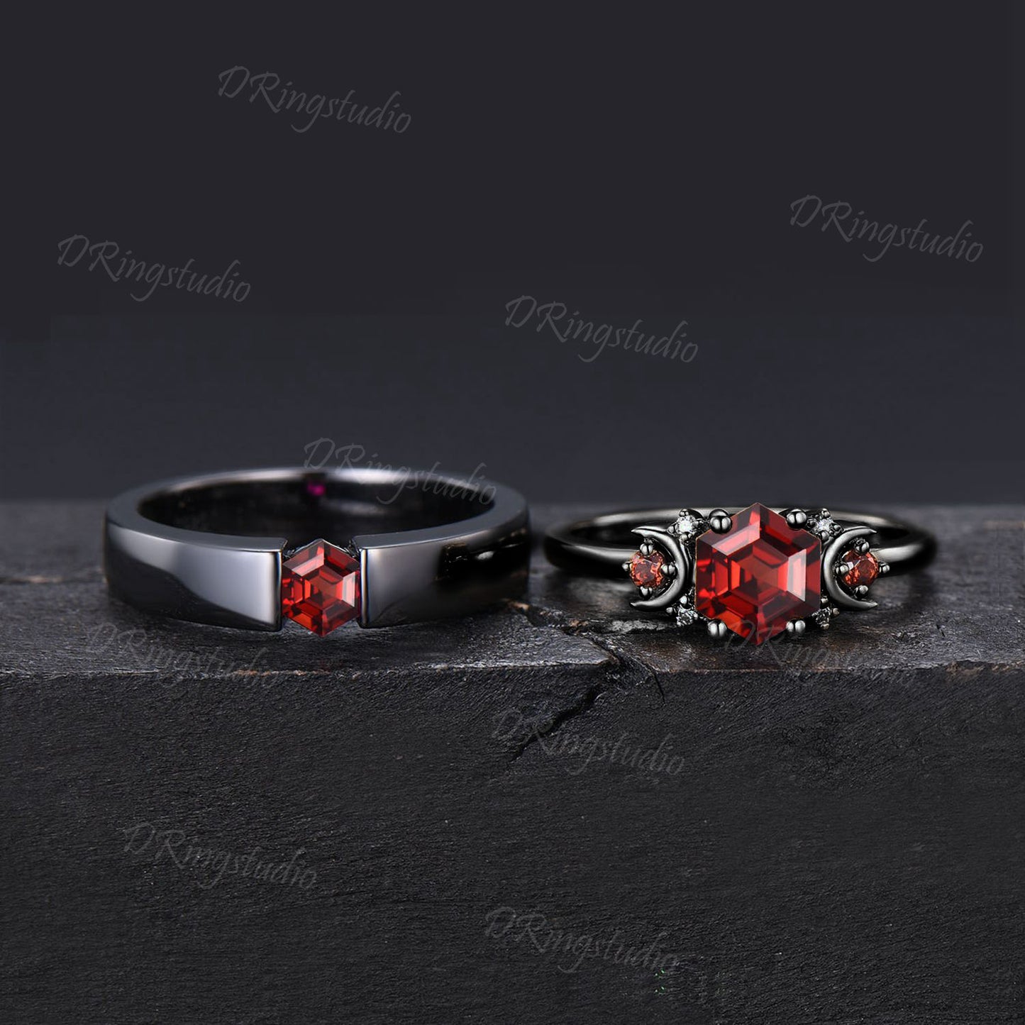 2pcs Couple Promise Ring Set Unique Hexagon Garnet Engagement Ring Witchy Rhodium Black Wedding Ring Set For Men and Women