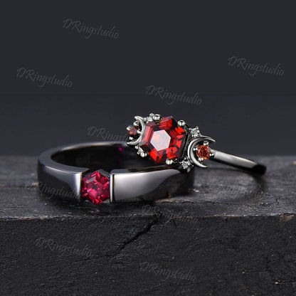 2pcs Couple Promise Ring Set Unique Hexagon Garnet Engagement Ring Witchy Rhodium Black Wedding Ring Set For Men and Women