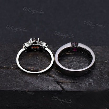 2pcs Couple Promise Ring Set Unique Hexagon Garnet Engagement Ring Witchy Rhodium Black Wedding Ring Set For Men and Women