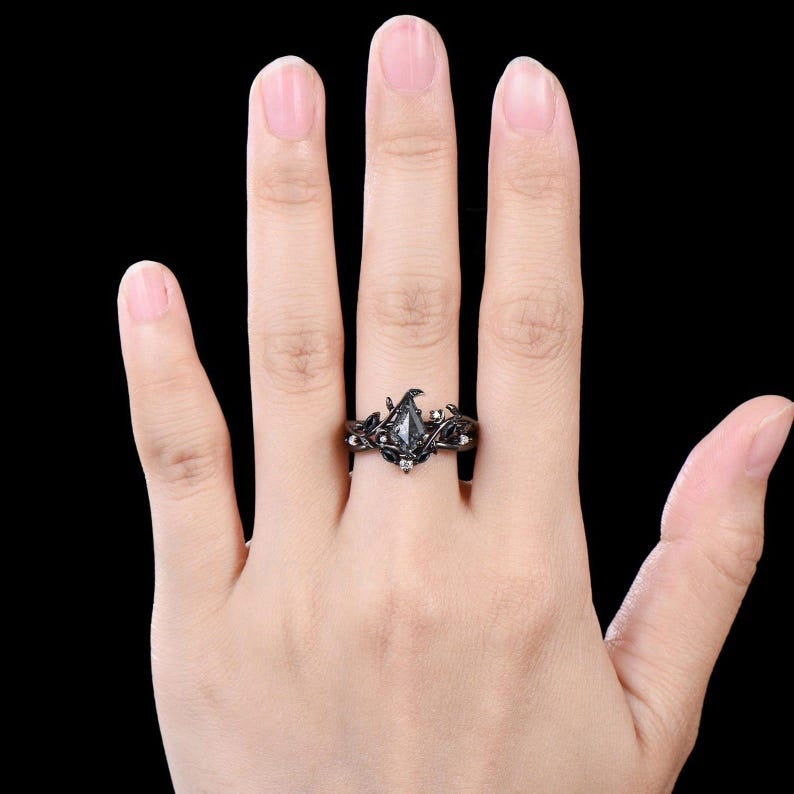 Nature Inspired Natural Salt And Pepper Diamond Kite Cut Bridal Wedding Ring Set 14k Black Gold Gothic Branch Moon Unique Engagement Jewelry