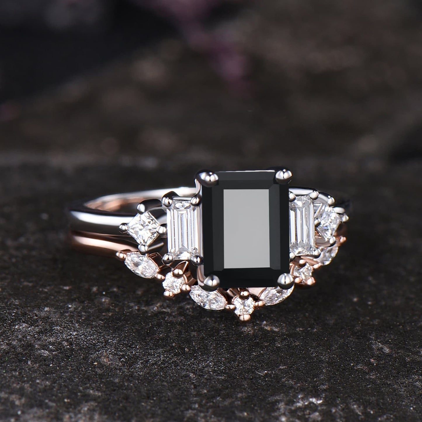 Unique Emerald Shape Black Onyx Engagement Ring Vintage Princess Baguette Moissanite Five Stone Ring Art Deco Contour Nesting Band For Women