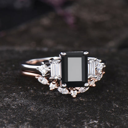 Unique Emerald Shape Black Onyx Engagement Ring Vintage Princess Baguette Moissanite Five Stone Ring Art Deco Contour Nesting Band For Women