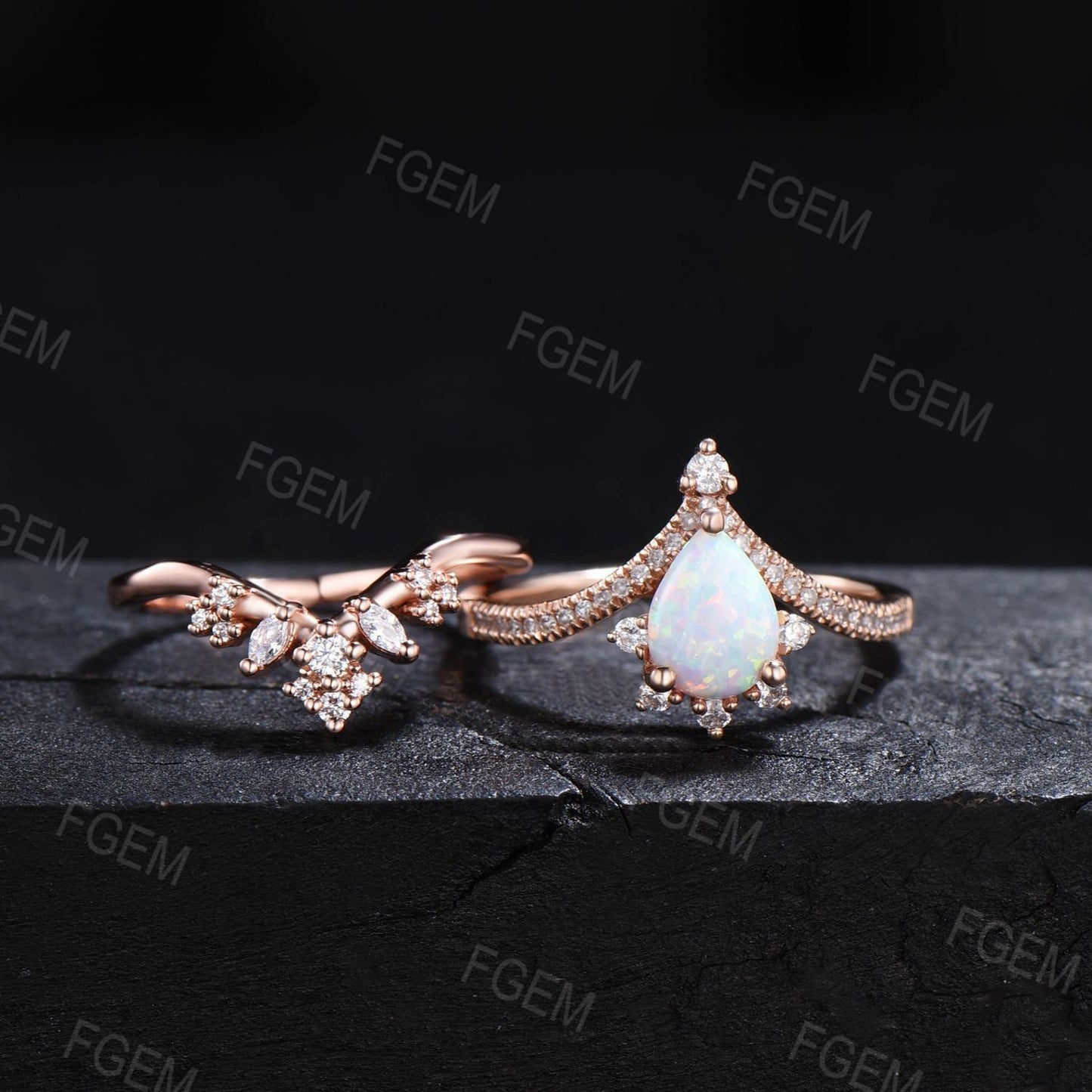 1.25ct Pear Opal Engagement Ring Set Vintage Crown Tiara Wedding Ring Rose Gold Curved Moissanite Contour Nesting Band Fire Opal Bridal Set