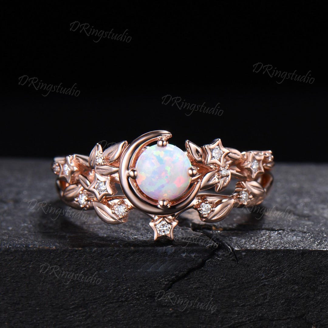 Nature Inspired Round White Opal Bridal Ring Set Moissanite Cluster Moon Star Rose Gold Engagement Ring Leaf Vine Crescent Moon Ring for Her