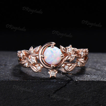 Nature Inspired Round White Opal Bridal Ring Set Moissanite Cluster Moon Star Rose Gold Engagement Ring Leaf Vine Crescent Moon Ring for Her