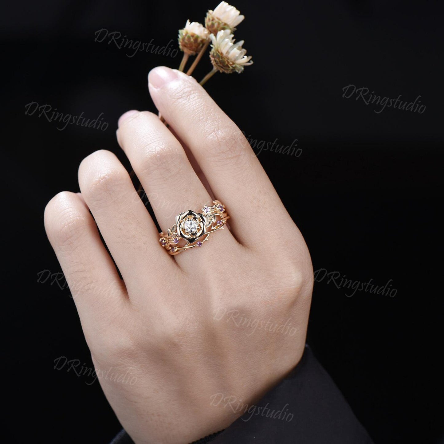 Round Lab Grown Diamond Flower Engagement Ring Set Floral Branch Leaf Bridal Set Amethyst Wedding Band 14K Yellow Gold Anniversary Gift