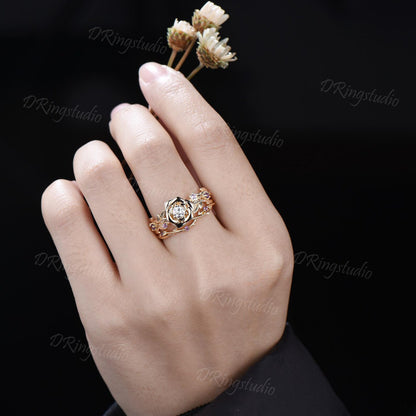Round Lab Grown Diamond Flower Engagement Ring Set Floral Branch Leaf Bridal Set Amethyst Wedding Band 14K Yellow Gold Anniversary Gift