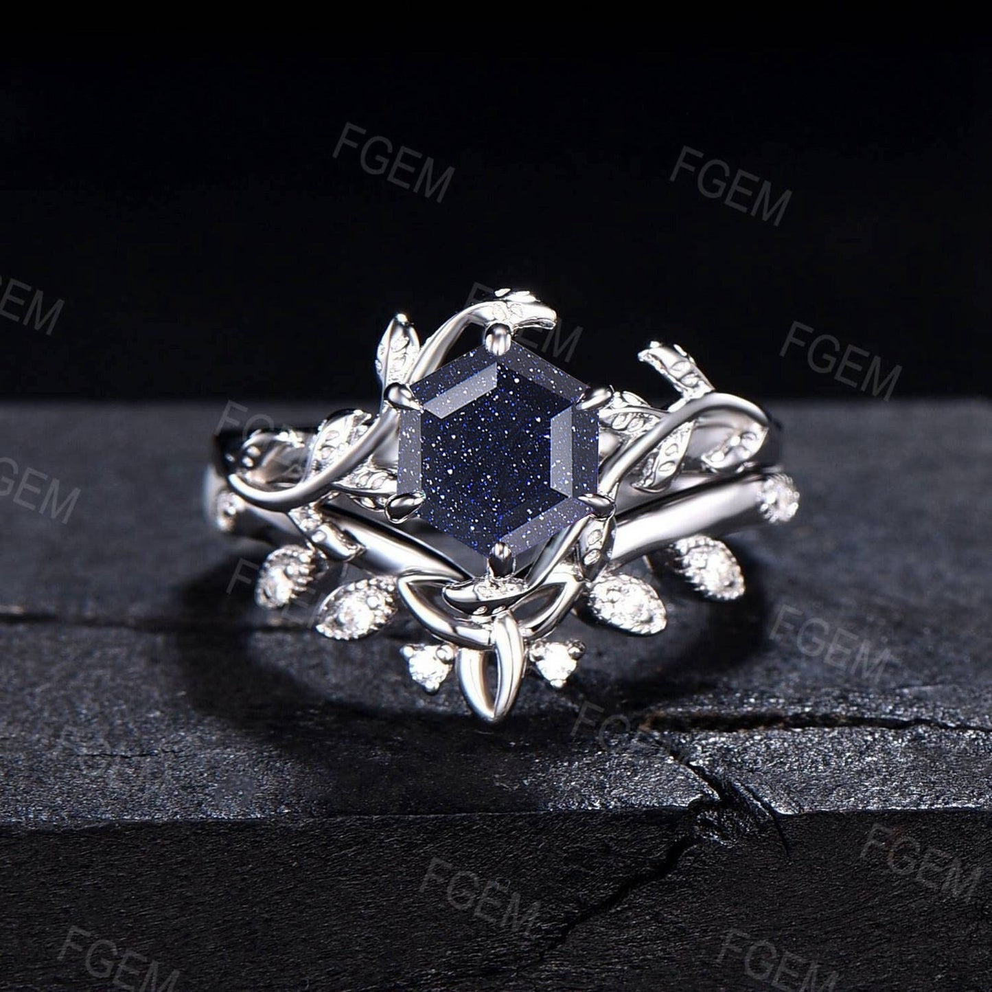 1ct Hexagon Galaxy Blue Sandstone Bridal Set 10K White Gold Nature Inspired Twig Leaf Blue Goldstone Ring Celtic Trinity Knot Wedding Ring