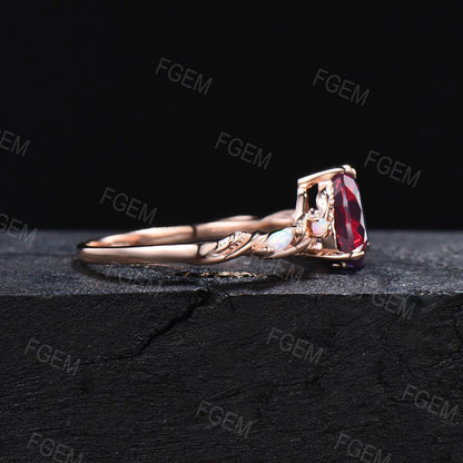 Unique Twig Leaf Natural Garnet Ring Rose Gold Opal Ring Vintage Kite Cut Garnet Engagement Ring January Birthstone Jewelry Anniversary Gift