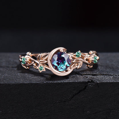 Nature Inspired Color-Change Alexandrite Amethyst Engagement Ring Moon Star Design Round Alexandrite Ring Branch Leaf Amethyst Wedding Ring
