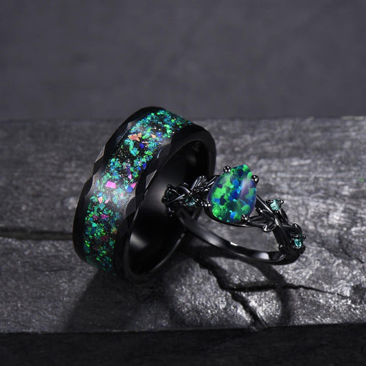 Gothic Black Opal Couple Rings Set Black Gold Pear Shaped Black Opal Engagement Ring Set Nebula Ring Tungsten Ring His and Hers Wedding Band