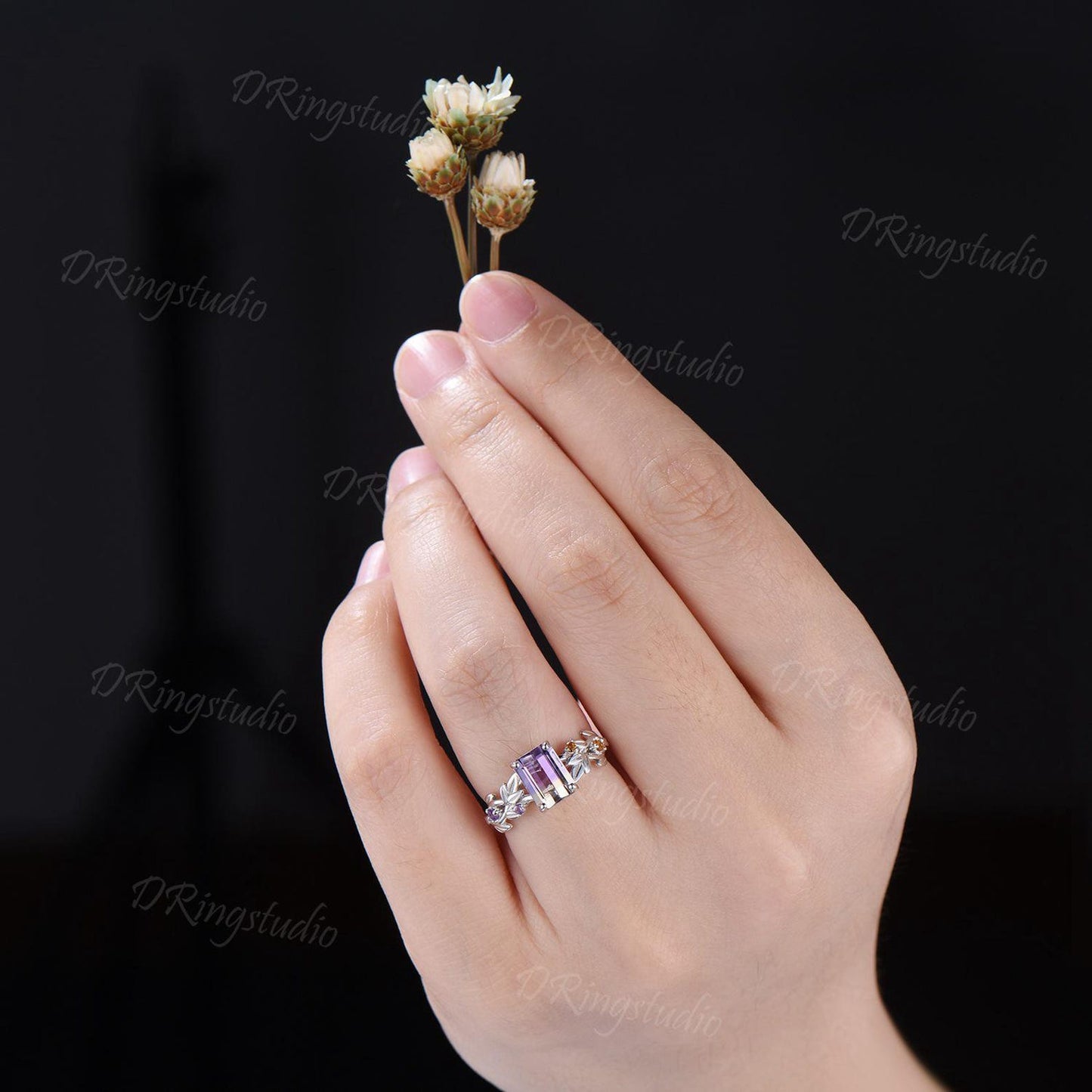 Nature Inspired Emerald Cut Ametrine Engagement Ring 925 Sterling Silver Branch Leaf Amethyst Citrine Bridal Ring Bio Color Ametrine Ring