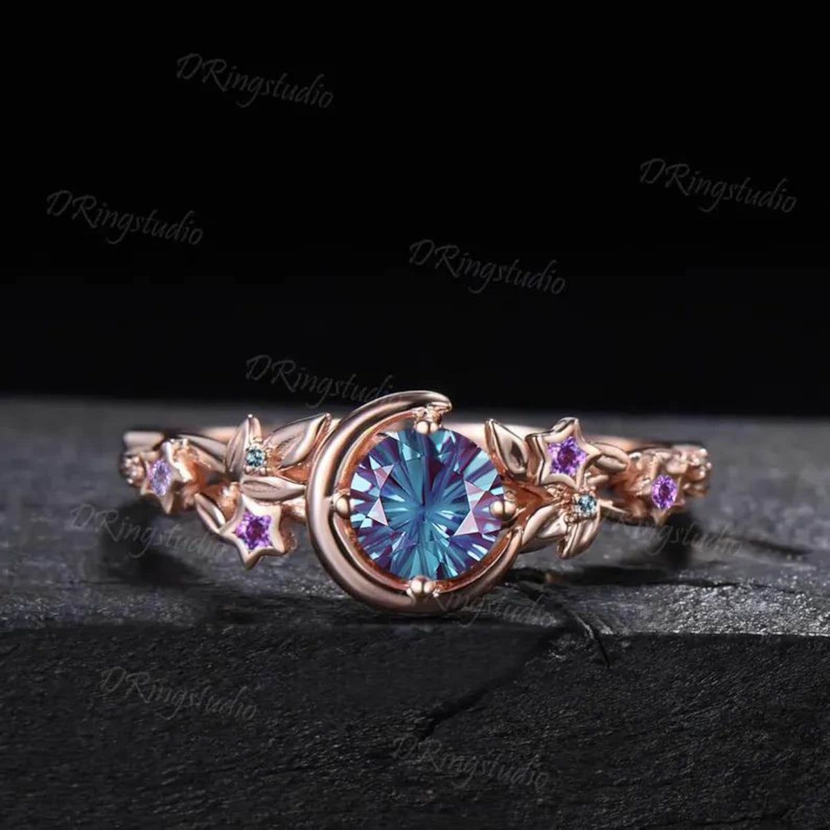 Color-Change Round Fireworks Cut Alexandrite Engagement Ring Crescent Moon Star Black Gold Leaf Vine Bridal Set Amethyst Wedding Ring Gift