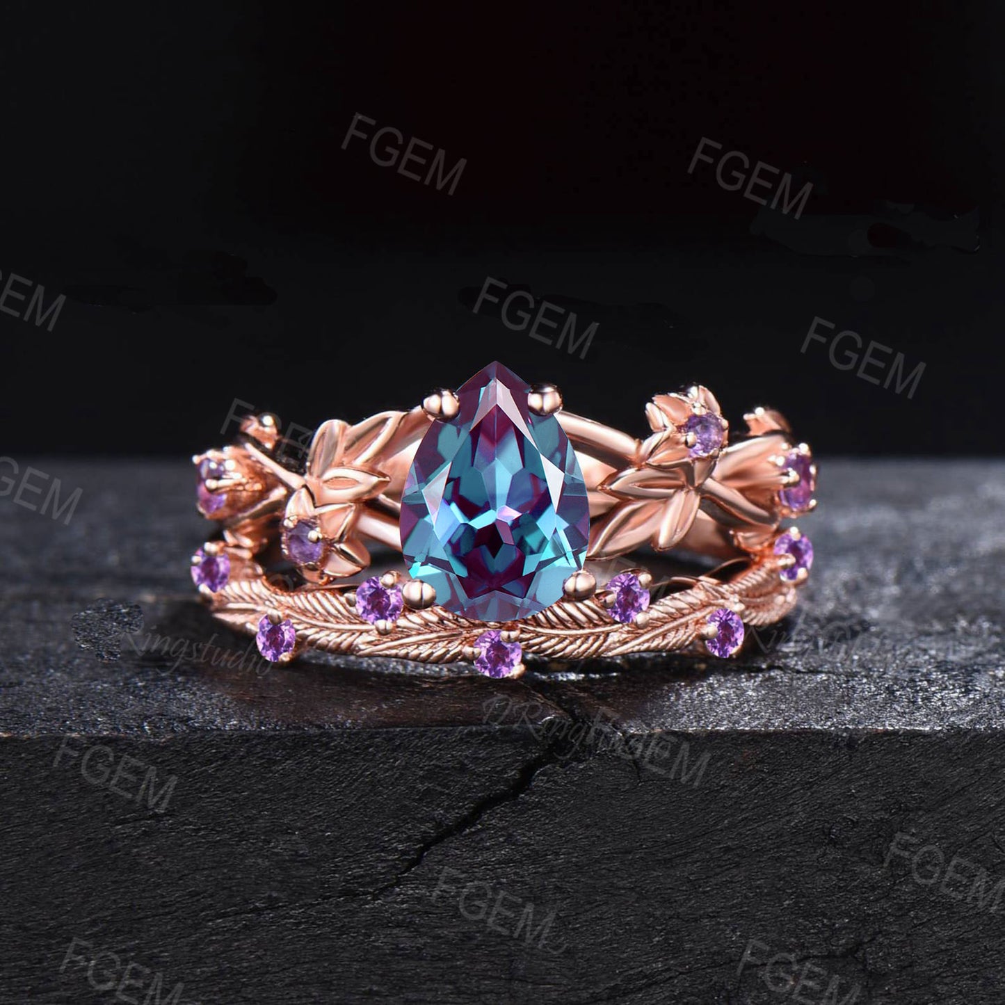 1.25ct Twig Vine Branch Nature Inspired Pear Alexandrite Engagement Ring Set Rose Flower Floral Amethyst Rings Unique June Birthstone Gifts