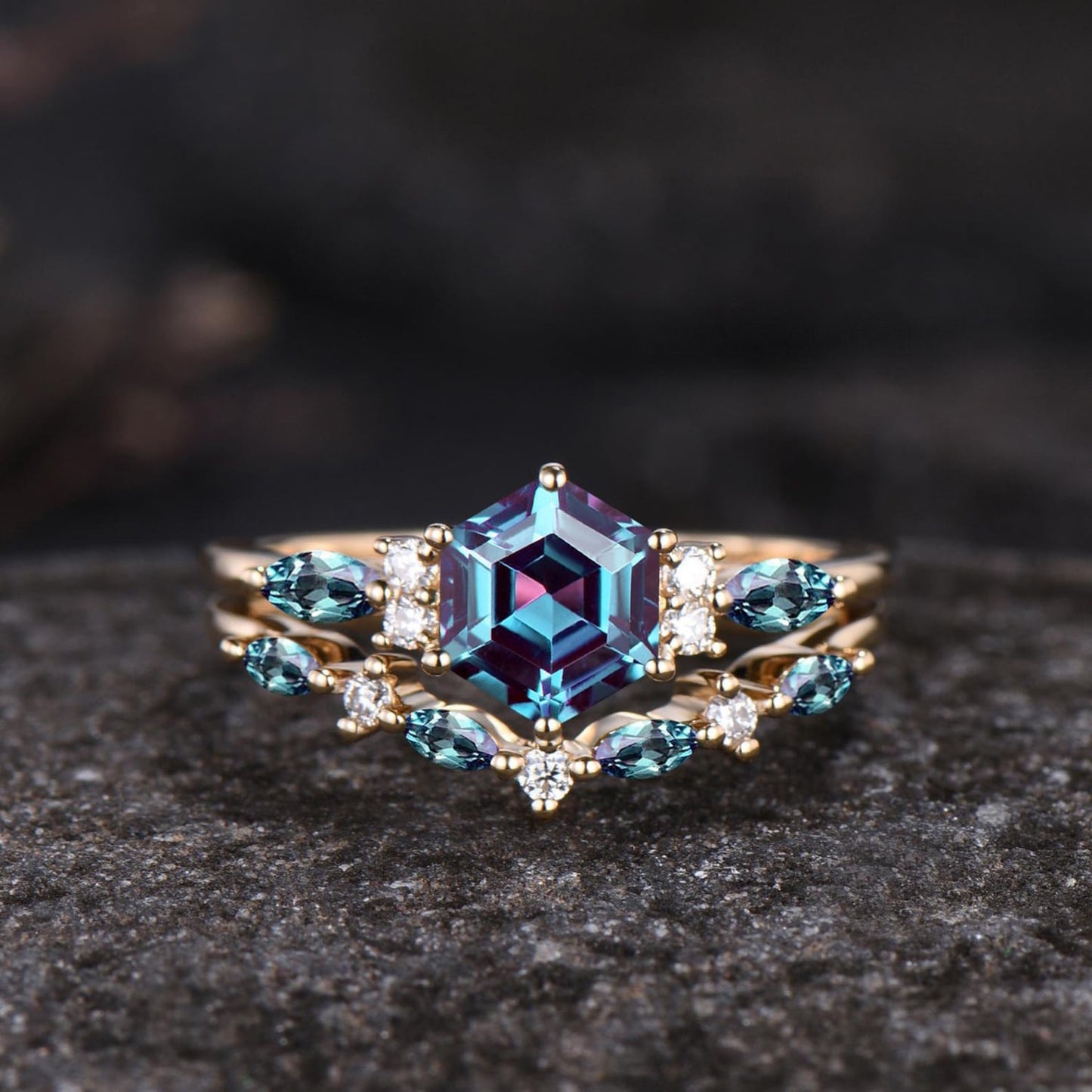 Unique June Birthstone Hexagon Cut Alexandrite Engagement Ring Set Moissanite Seven Stone Ring 14k Rose Gold 2pcs Bridal Ring Set Women
