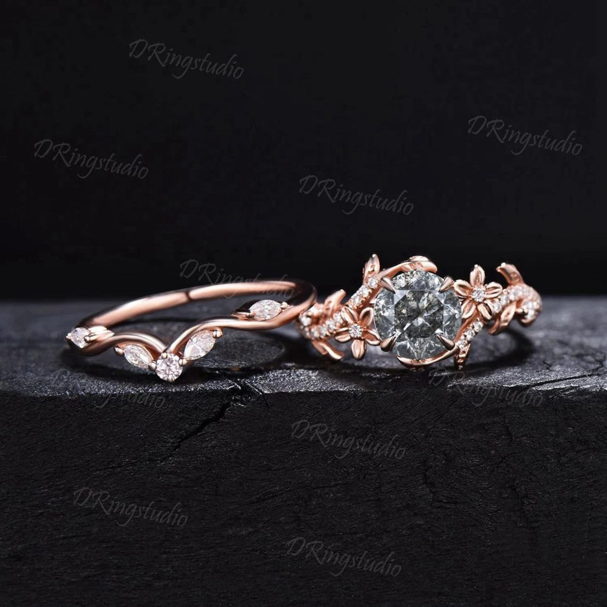 1ct Round Cut Natural Salt And Pepper Diamond Engagement Ring Set 14K Rose Gold Vine Floral Moissanite Stacking Ring For Alternative Women
