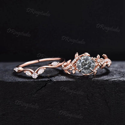 1ct Round Cut Natural Salt And Pepper Diamond Engagement Ring Set 14K Rose Gold Vine Floral Moissanite Stacking Ring For Alternative Women