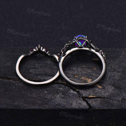 1ct Round Cut Lavender Opal Engagement Ring Set Vintage Black Gold Wedding Ring Leaf Flower Purple Opal Ring with Ruby