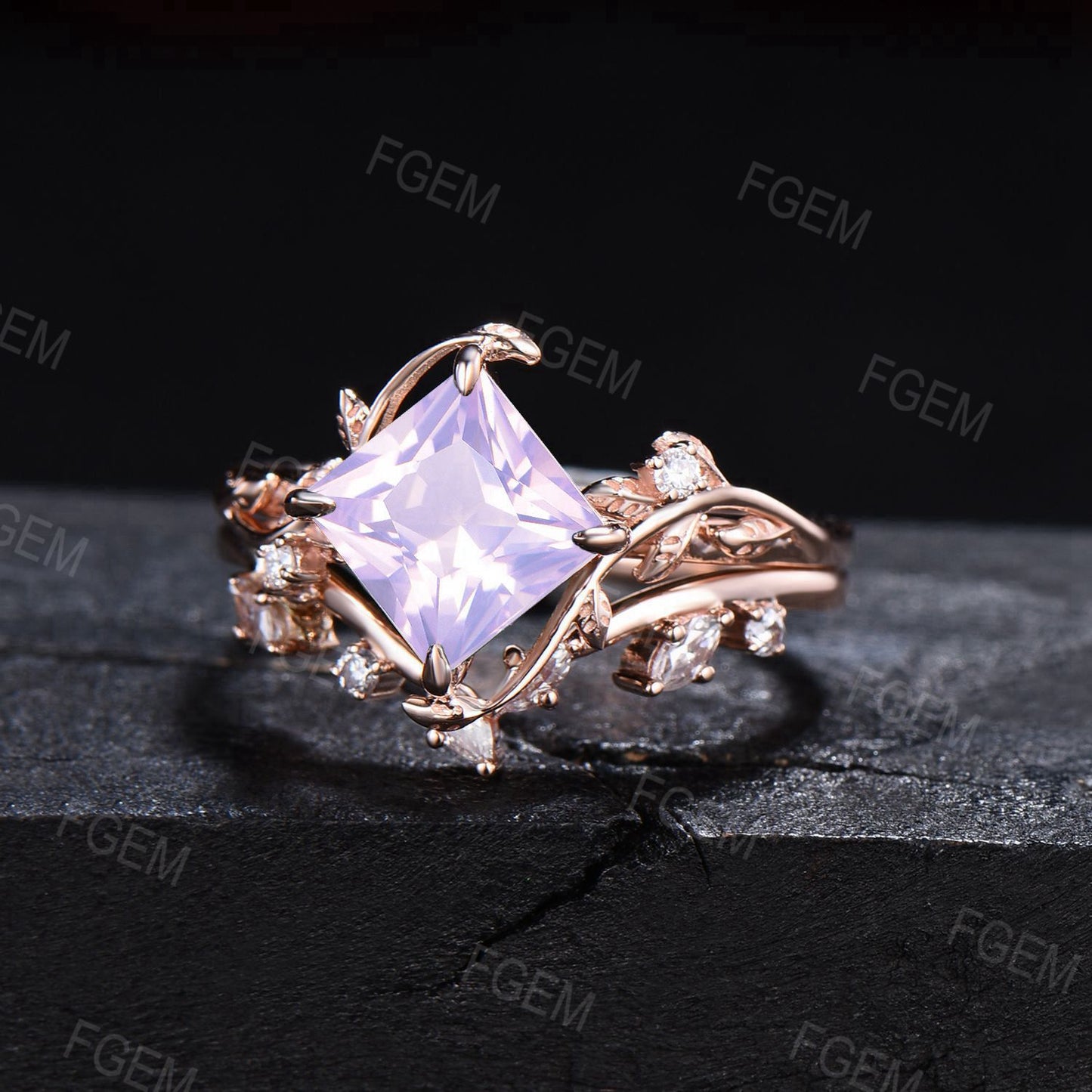 Vintage Princess Lavender Amethyst Engagement Ring Branch Leaf Vine Amethyst Promise Ring Nature Inspired Moissanite Bridal Set Gift for Her