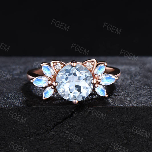 14k Rose Gold Cat Ring Round Aquamarine Engagement Ring Unique Marquise Moonstone Wedding Ring March Birthstone Proposal Gift For Cat Lover