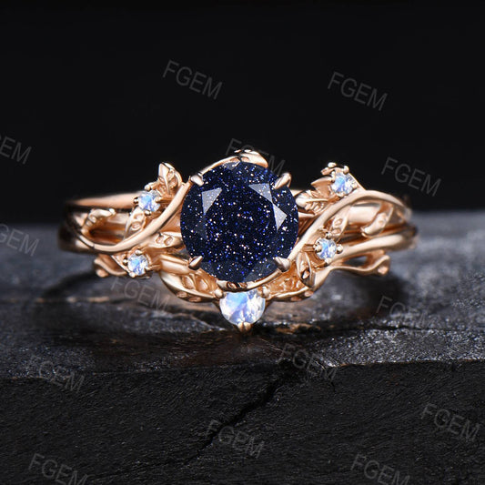 1ct Round Galaxy Blue Sandstone Engagement Ring Branch Vine Moonstone Bridal Set 14K Gold Blue Goldstone Ring Set Leaves Ring Proposal Gift