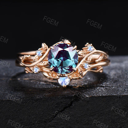 1ct Round Color-Change Alexandrite Engagement Ring Solid Gold Branch Vine Moonstone Bridal Set Leaves Ring Set June Birthstone Jewelry Gifts