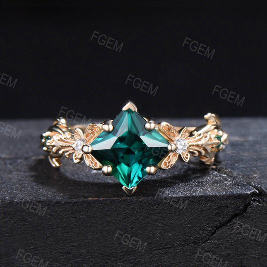 Vintage Princess Cut Emerald Engagement Ring 10k/14k White Gold Filigree Butterfly Ring Unique Green Gemstone Ring May Birthstone Jewelry