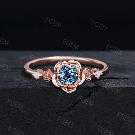 Rose Flower Alexandrite Engagement Rings Round Color-Changed Alexandrite Ring 10K Rose Gold Nature Inspired Vintage Floral Opal Wedding Ring