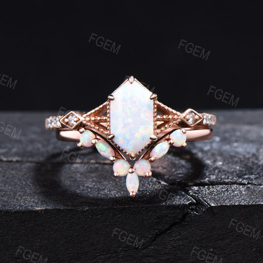 Long Hexagon Opal Ring Set Half Eternity Milgrain Bridal Set 3 Row Split Shank Moissanite Opal Wedding Set Opal Chevron Ring Proposal Gifts