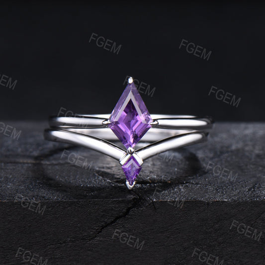 Unique 1CT Kite Cut Natural Amethyst Engagement Ring Set Purple Crystal Wedding Ring Set Purple Gemstone Ring Set Solitaire Amethyst Bridal Set