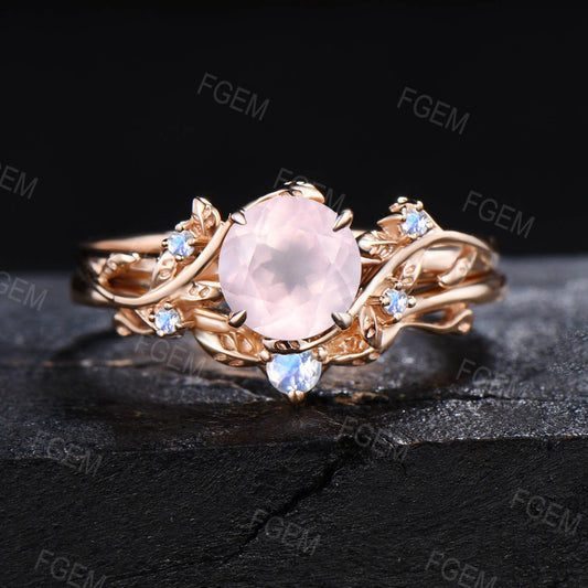 Round Natural Pink Rose Quartz Engagement Ring Set Pink Crystal Ring Nature Inspired Leaf Branch Moonstone Bridal Set Anniversary Women Gift