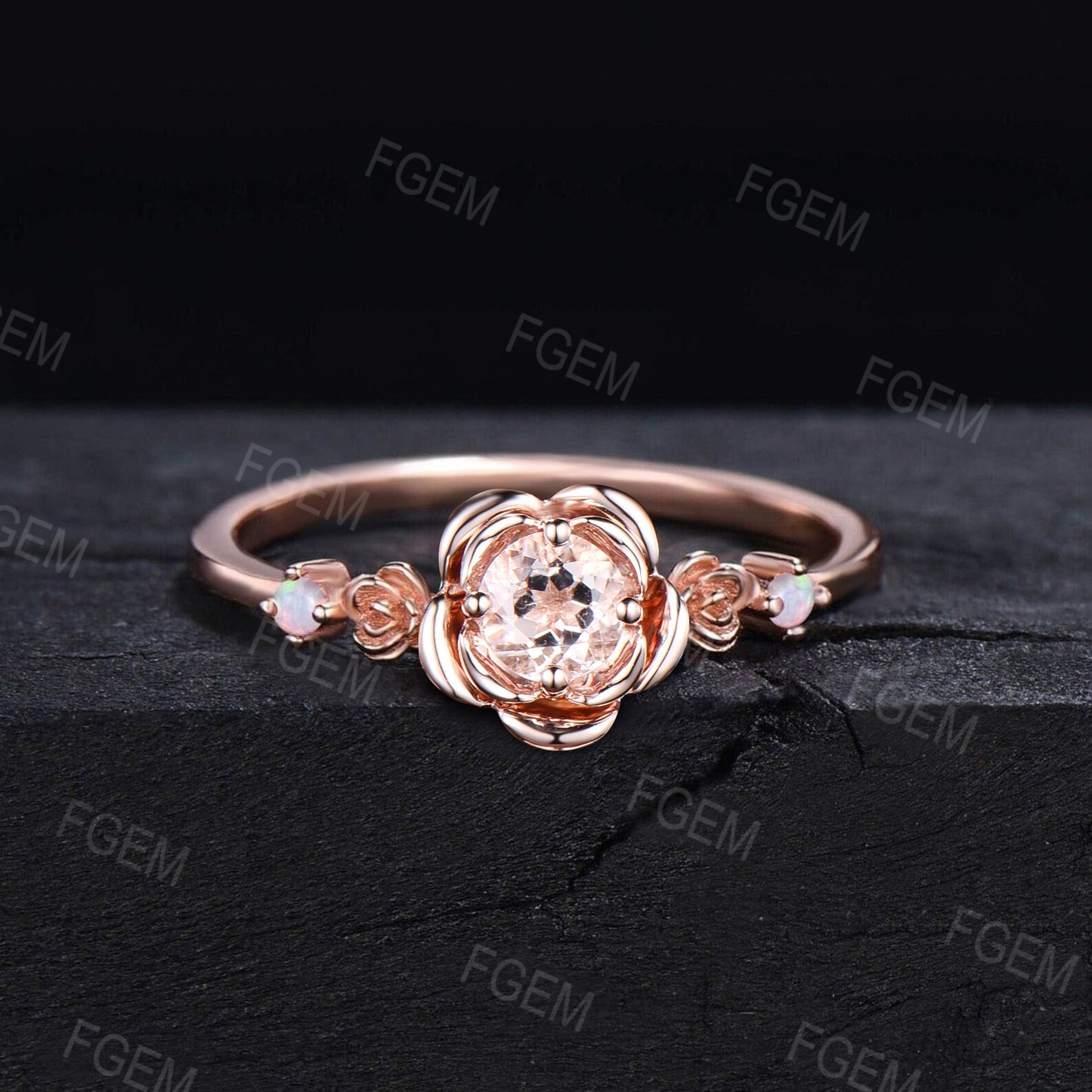 Rose Flower Engagement Ring 5mm Round Natural Peach Morganite Wedding Ring Rose Gold Floral Morganite Opal Ring Nature Inspired Promise Ring