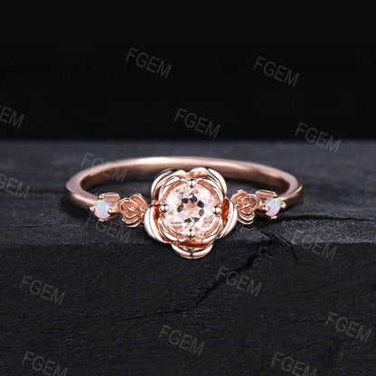 Rose Flower Engagement Ring 5mm Round Natural Peach Morganite Wedding Ring Rose Gold Floral Morganite Opal Ring Nature Inspired Promise Ring