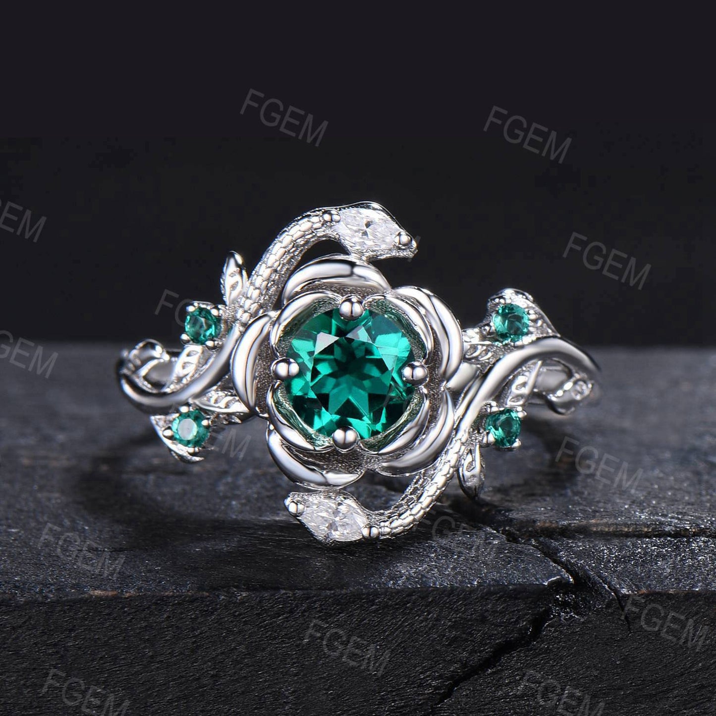 Gold Snake Ring 5mm Round Emerald Engagement Ring Nature Style Twig Leaf Emerald Moissanite Serpent Wedding Ring May Birthstone Women Gifts