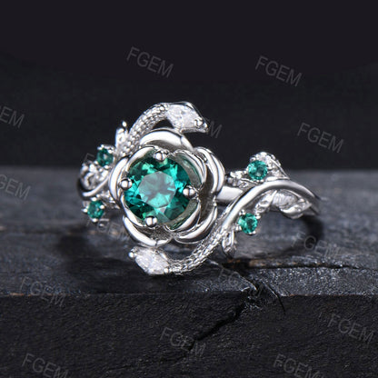 Gold Snake Ring 5mm Round Emerald Engagement Ring Nature Style Twig Leaf Emerald Moissanite Serpent Wedding Ring May Birthstone Women Gifts