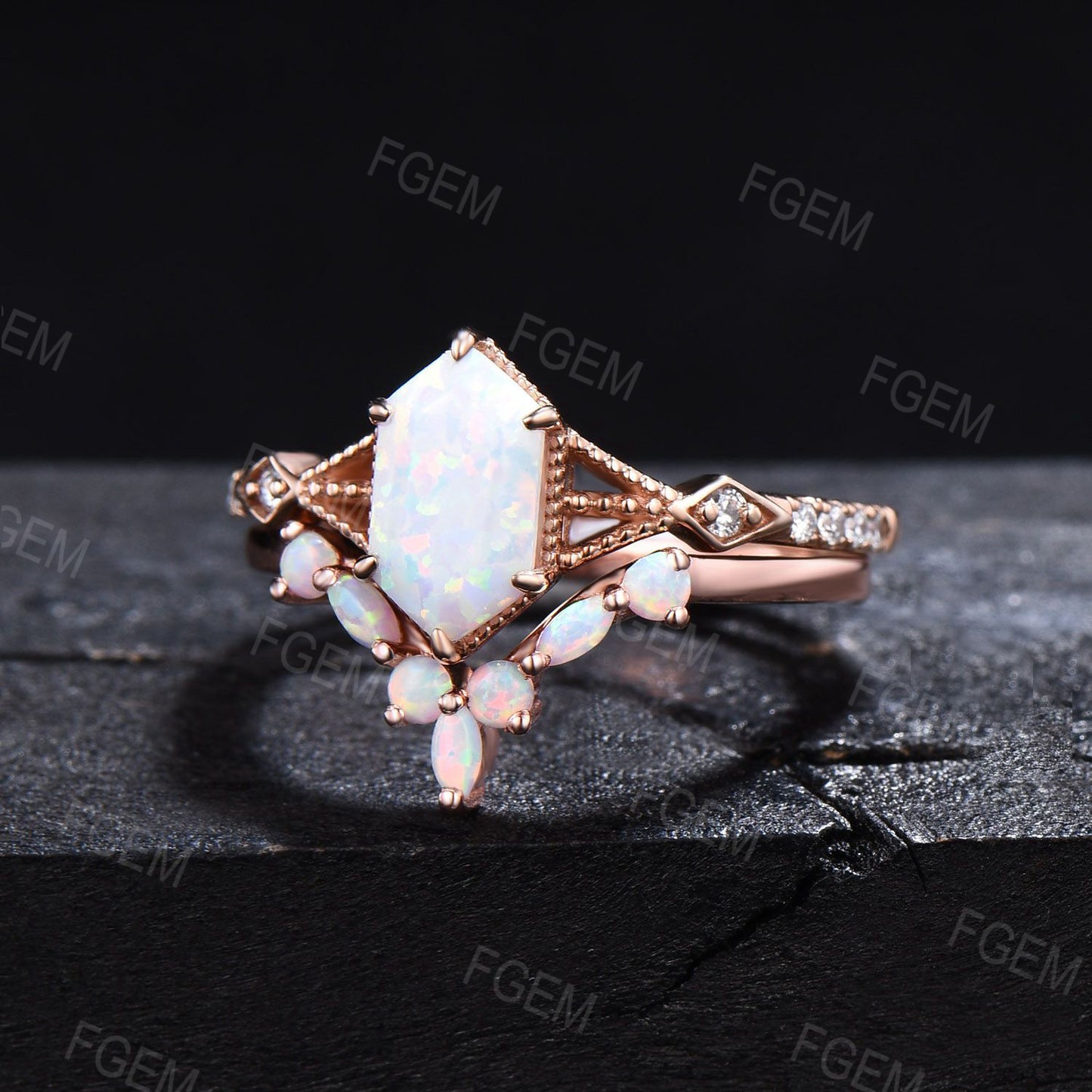 Long Hexagon Opal Ring Set Half Eternity Milgrain Bridal Set 3 Row Split Shank Moissanite Opal Wedding Set Opal Chevron Ring Proposal Gifts