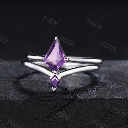 Unique 1CT Kite Cut Natural Amethyst Engagement Ring Set Purple Crystal Wedding Ring Set Purple Gemstone Ring Set Solitaire Amethyst Bridal Set