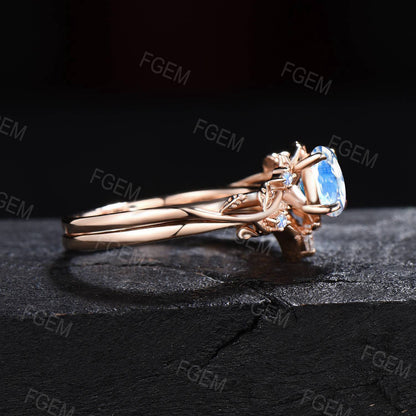 6.5mm Round Cut Rainbow Moonstone Engagement Ring Set Dainty Solid Gold Twig Natural Moonstone Bridal Set Healing Crystal Ring Promise Gift