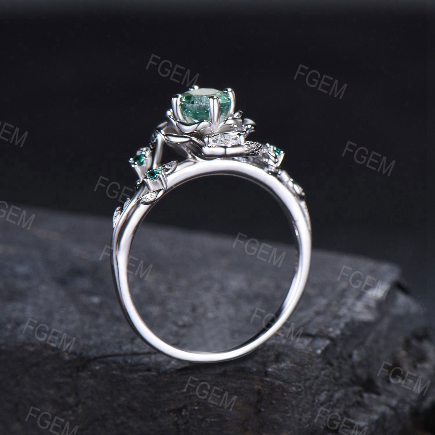 Gold Snake Ring 5mm Round Emerald Engagement Ring Nature Style Twig Leaf Emerald Moissanite Serpent Wedding Ring May Birthstone Women Gifts