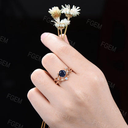 1ct Round Galaxy Blue Sandstone Engagement Ring Branch Vine Moonstone Bridal Set 14K Gold Blue Goldstone Ring Set Leaves Ring Proposal Gift