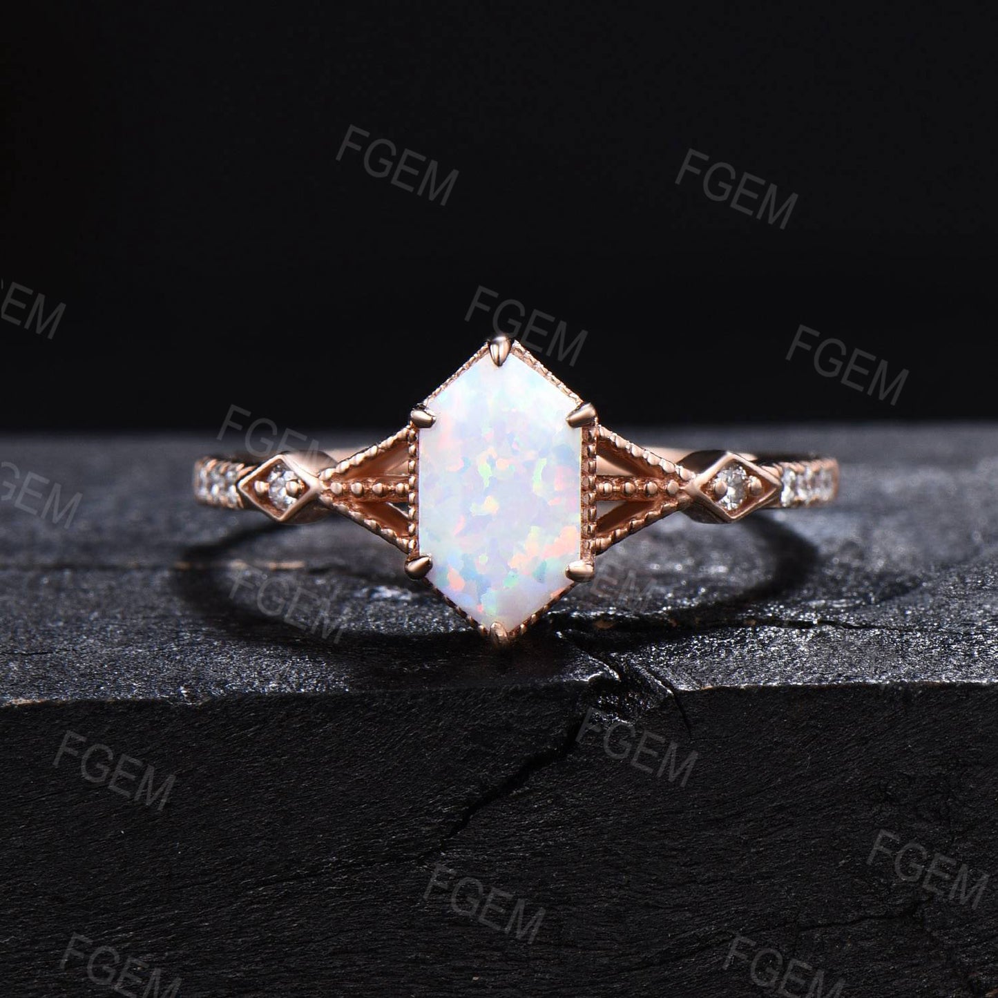 Long Hexagon Opal Ring Set Half Eternity Milgrain Bridal Set 3 Row Split Shank Moissanite Opal Wedding Set Opal Chevron Ring Proposal Gifts