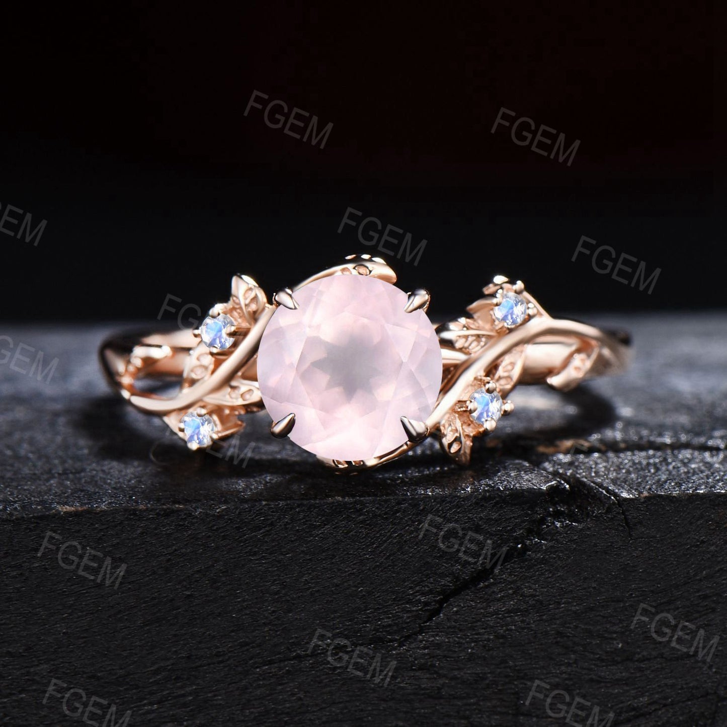 Round Natural Pink Rose Quartz Engagement Ring Set Pink Crystal Ring Nature Inspired Leaf Branch Moonstone Bridal Set Anniversary Women Gift