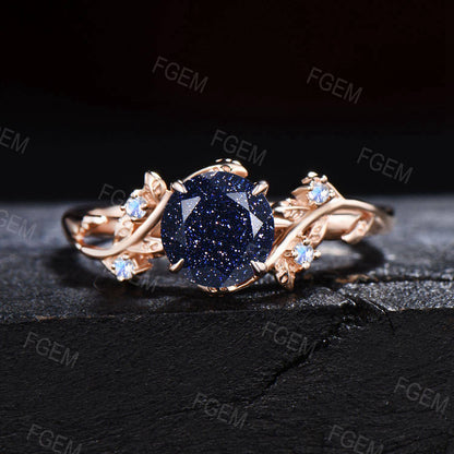 1ct Round Galaxy Blue Sandstone Engagement Ring Branch Vine Moonstone Bridal Set 14K Gold Blue Goldstone Ring Set Leaves Ring Proposal Gift